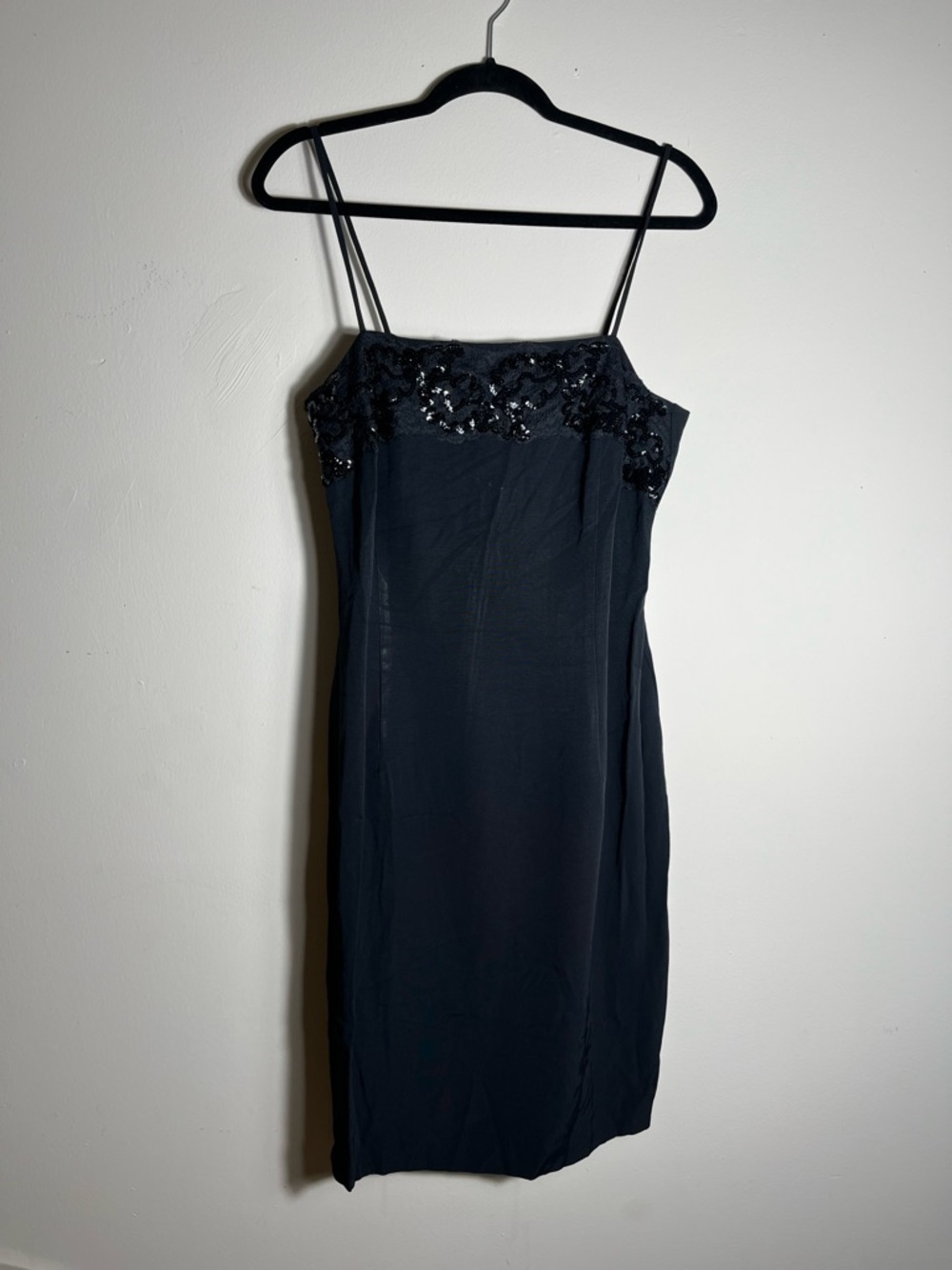 Black Sequin Trim Slip Dress Spaghetti Strap Midi Evening Party Size 13/14